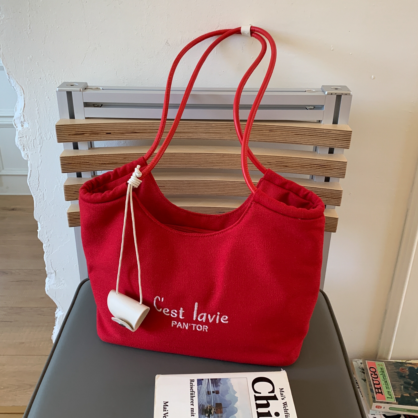 红色帆布单肩包大学生上课托特包