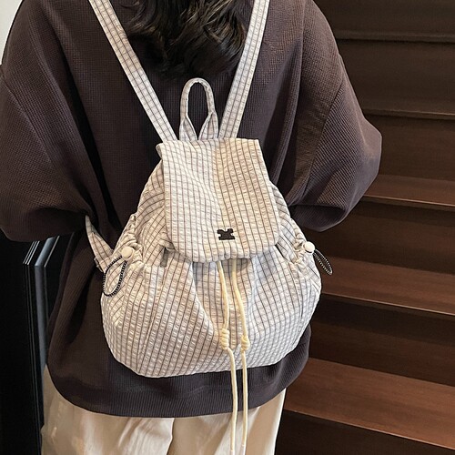 格子帆布双肩包韩系抽绳书包女大学生通勤登山小包包ins风背包夏