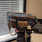 复古牛仔帆布胸包女斜挎腰包民族风大容量秋冬休闲潮流斜背饺子包