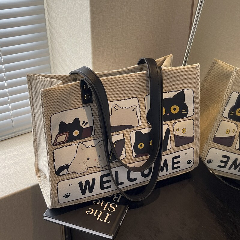 可爱猫咪帆布包包女2025新款休闲上课单肩手提包大容量通勤托特包,箱包皮具/热销女包/男包,通用款女包,淘宝优惠券,粉丝福利购,淘宝优惠卷