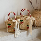 新款 法式 小众草编包女夏季 海边沙滩编织包大容量手提菜篮子水桶包