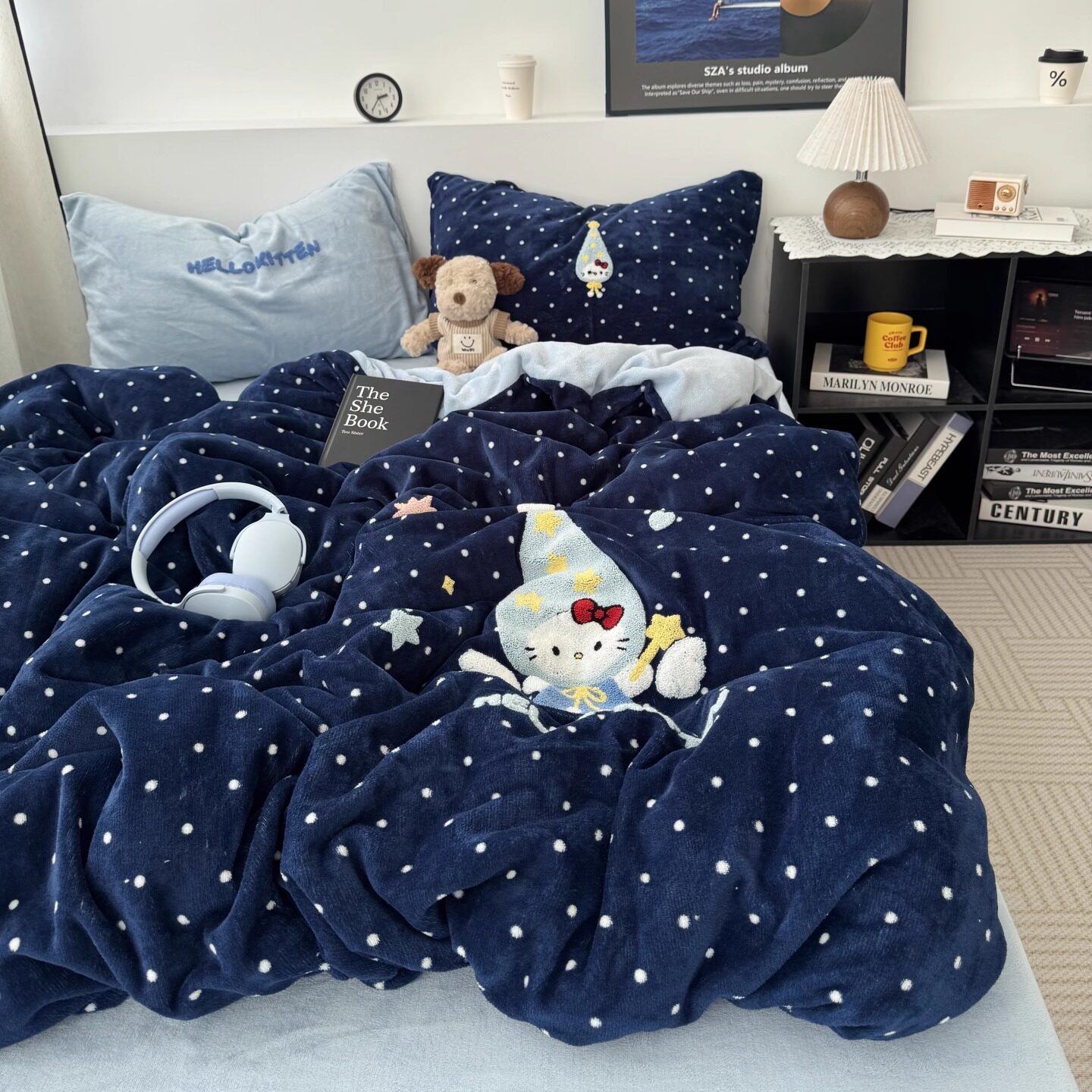 礼帽小猫 ins风秋冬牛奶绒毛巾绣四件套保暖珊瑚绒三件套1.8m被套