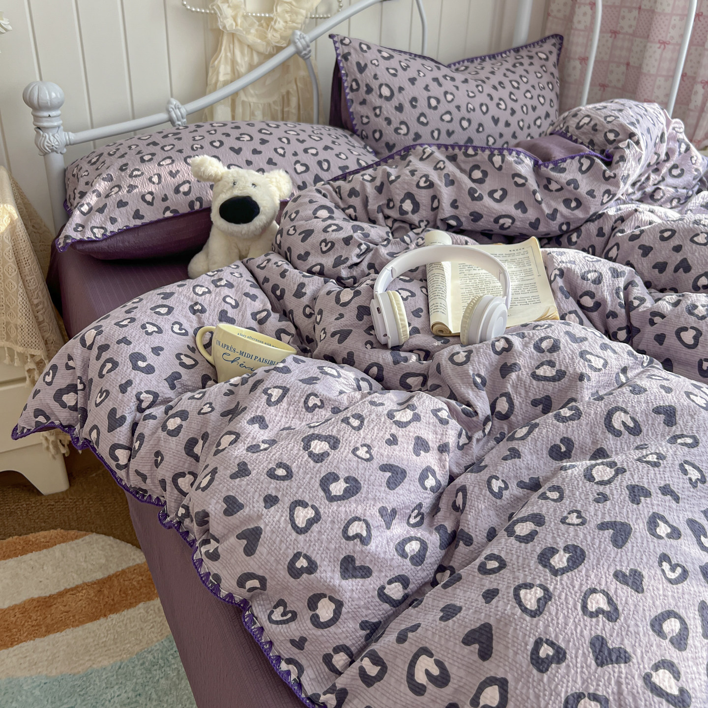 少女芋泥甜心豹纹贝壳边泡芙棉四件套学生全棉被套床单宿舍三件套