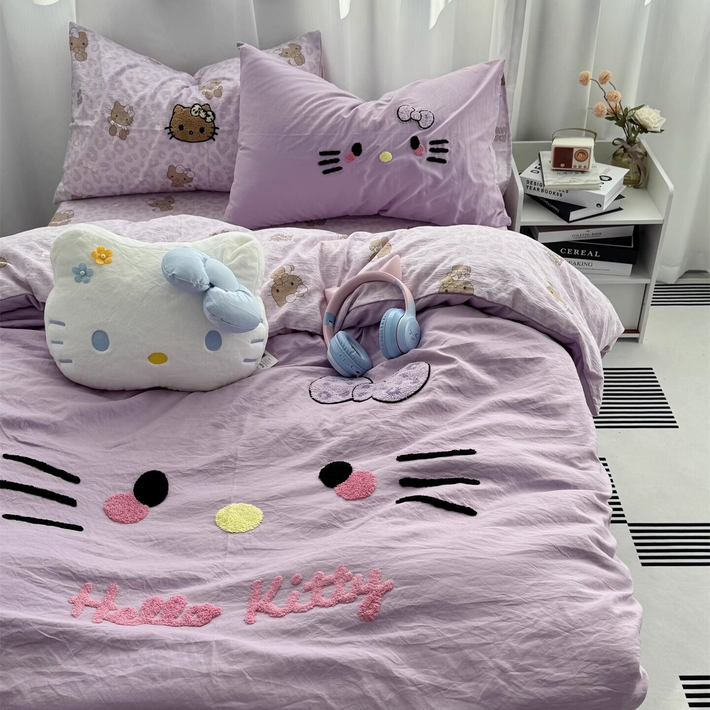 少女心ins紫色豹纹猫咪四件套