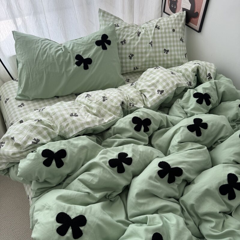 少女心蝴蝶结毛巾绣草绿水洗棉全棉被套四件套宿舍纯棉床单三件套