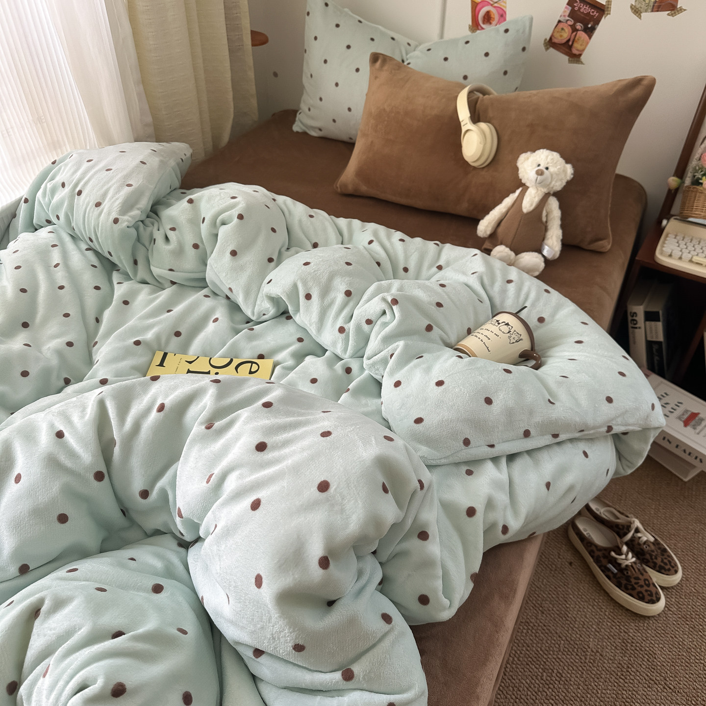 韩系ins波点加厚牛奶绒四件套