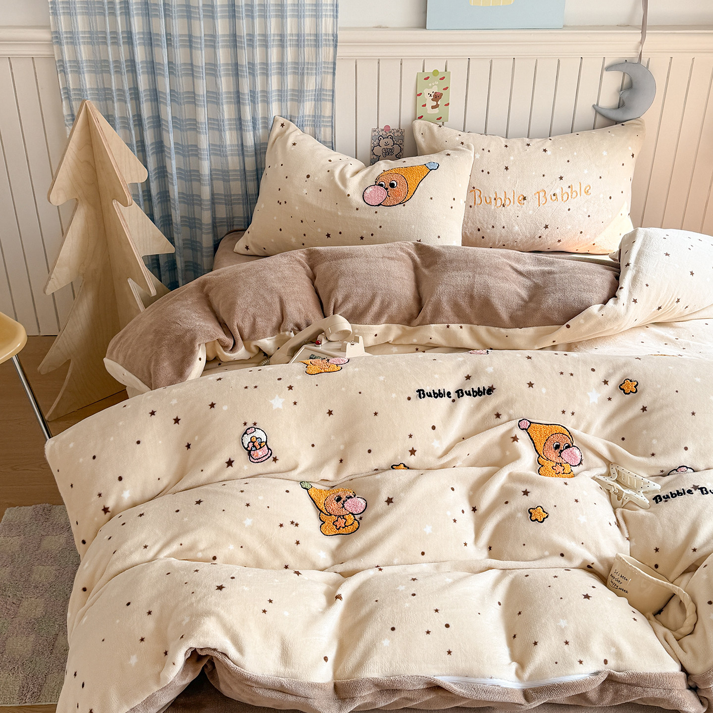 可爱星星人A类加厚牛奶绒毛巾绣四件套秋冬少女心保暖珊瑚绒被套,床上用品,床品套件/四件套/多件套,淘宝优惠券,粉丝福利购,淘宝优惠卷