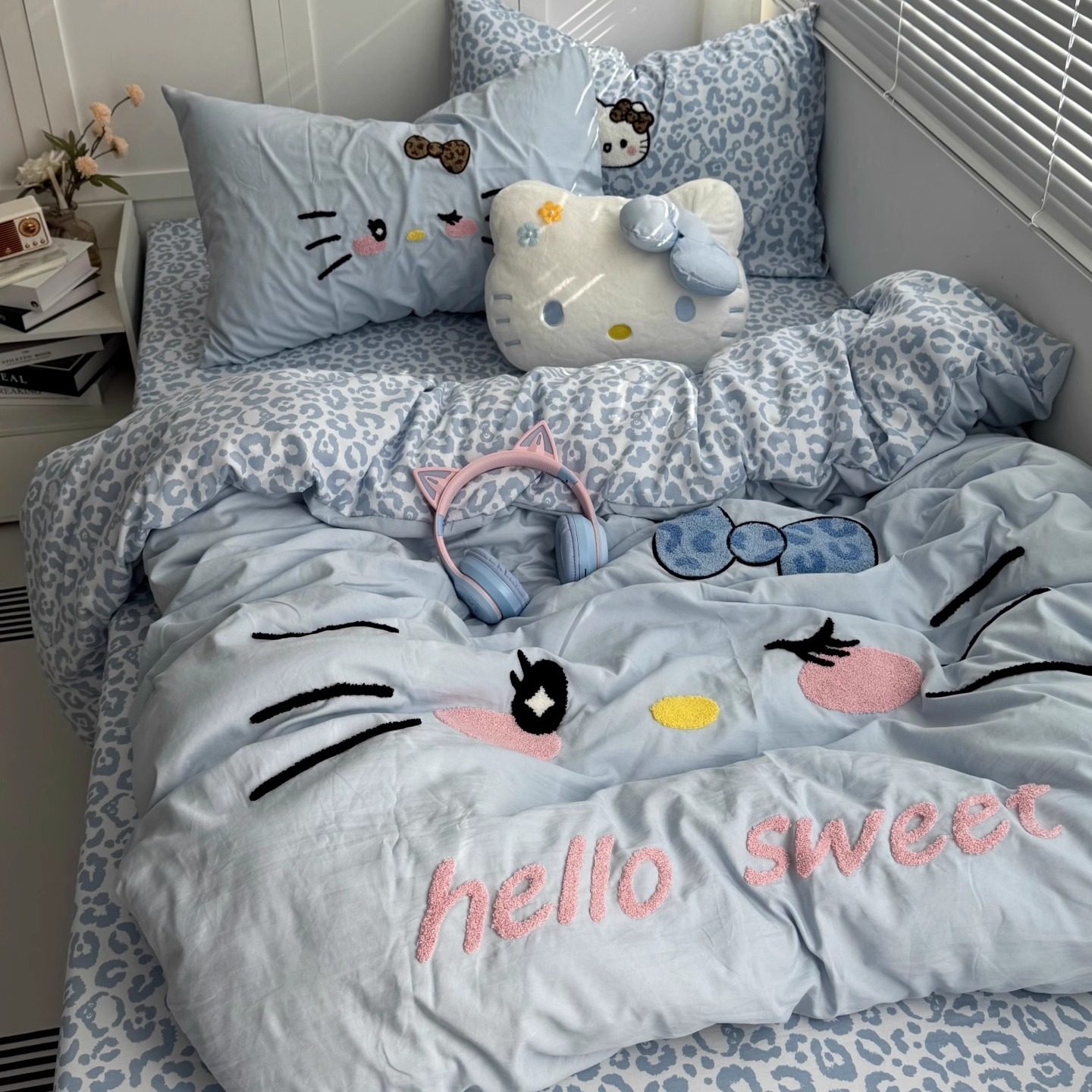 浅蓝ins少女心豹纹可爱猫毛巾绣水洗棉四件套全棉学生被套三件套