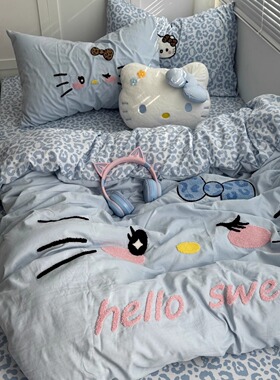 浅蓝ins少女心豹纹可爱猫毛巾绣水洗棉四件套全棉学生被套三件套
