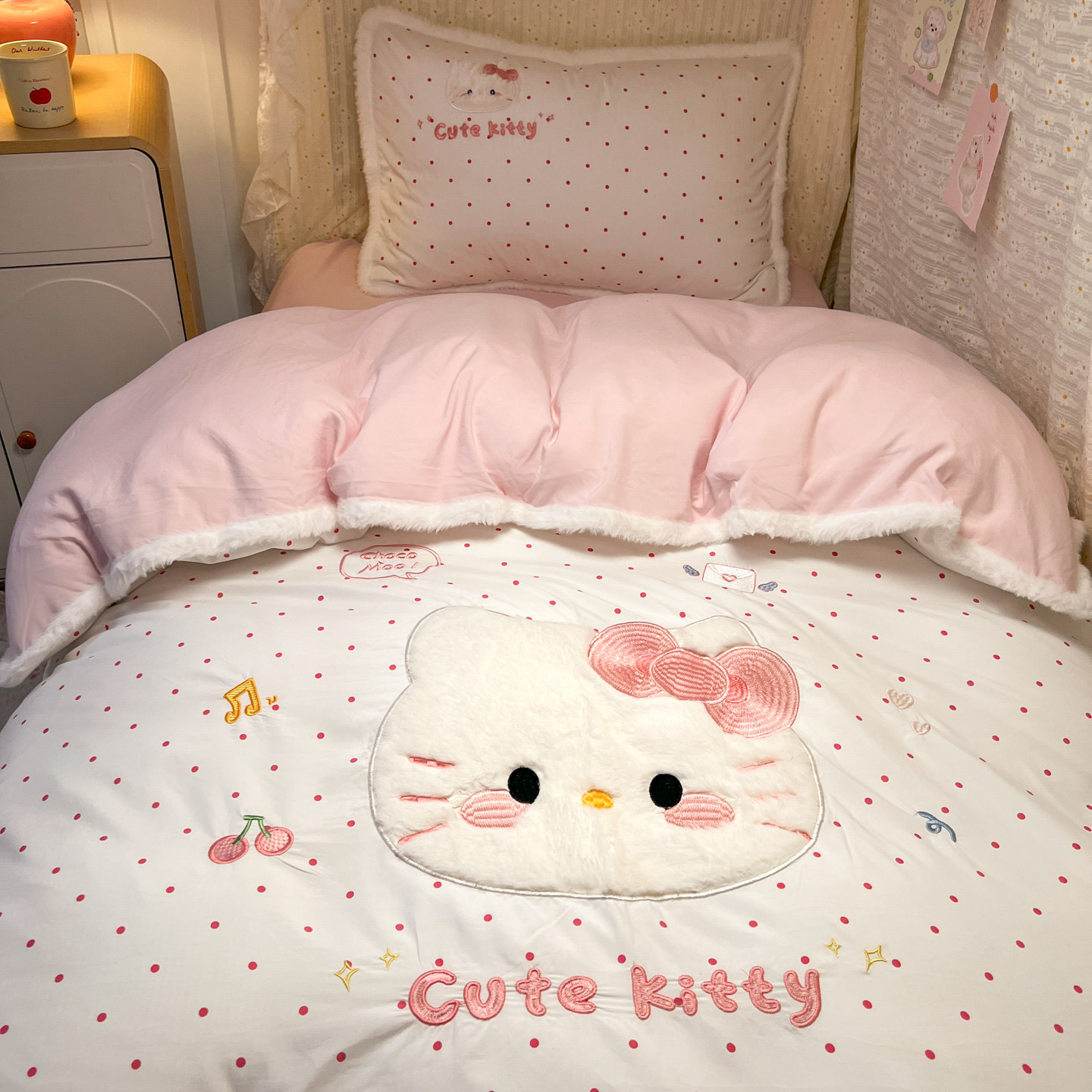 少女心波点Kitty贴布绣水洗棉四件套学生被套宿舍床单被罩三件套