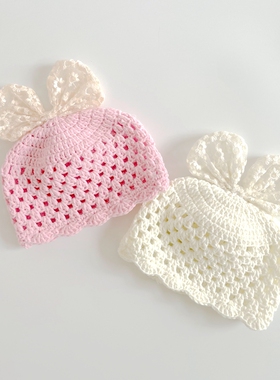 秋冬新款镂空毛线宝宝帽子手工编织婴儿百天周岁孩子毛线帽柔软萌