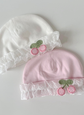 宝宝新生儿百天婴儿秋款帽纯棉胎帽可爱公主蕾丝帽小月龄女童帽