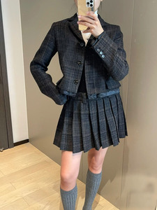 小香风毛呢格纹翻领短款上衣+高腰百褶半身裙两件套装2023新款秋