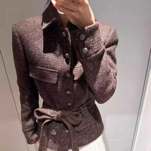 定织定染面料 小香风深棕色金线花纱编织软粗花呢收腰系带外套女