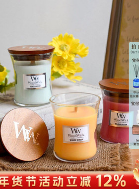 woodwick香薰蜡烛美国大豆蜡香氛卧室薰衣草助眠木芯黑樱桃圣诞礼