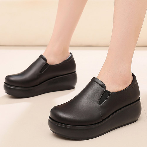 真皮软底坡跟厚底单鞋