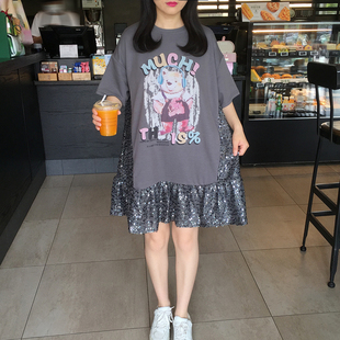 韩国东大门大码 女装 宽松中长款 T恤裙 2024夏季 亮片卡通蝙蝠袖 短袖