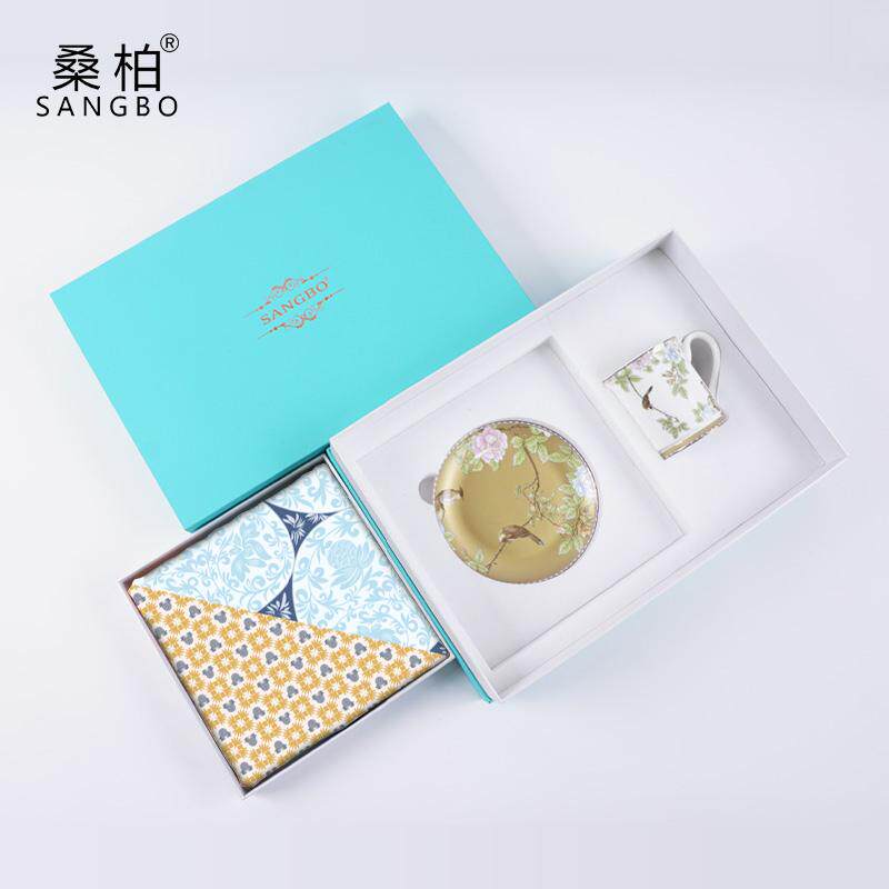 桑柏桑蚕丝丝巾高档双面印花中方巾*杯碟礼盒套装送老师领导礼物