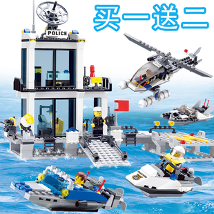 拼装积木城市警察系列小颗粒益智力房子场景警车直升飞机儿童玩具