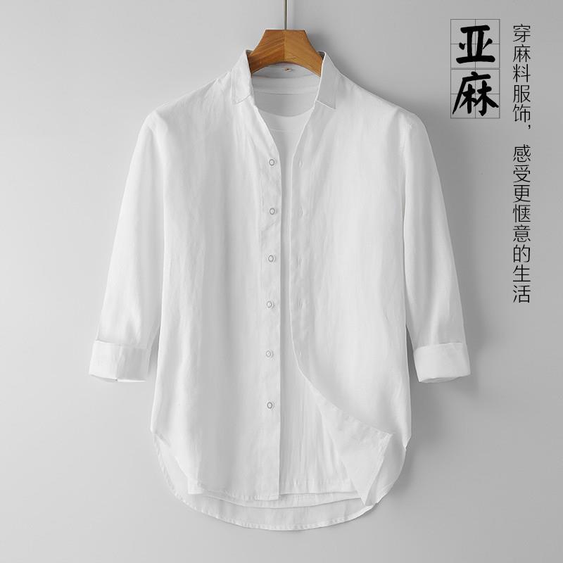 透气文艺七分袖亚麻衬衫男士休闲中袖麻料白衬衣宽松大码薄款上衣