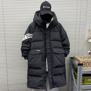 条纹羽绒服男中长款青少年2025冬季新款加厚外套撞色潮牌学生派克