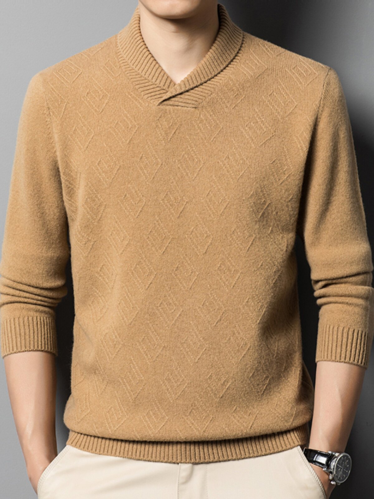 秋冬季100%纯羊毛男士V领套头加厚款毛衣休闲保暖中青年打底衫