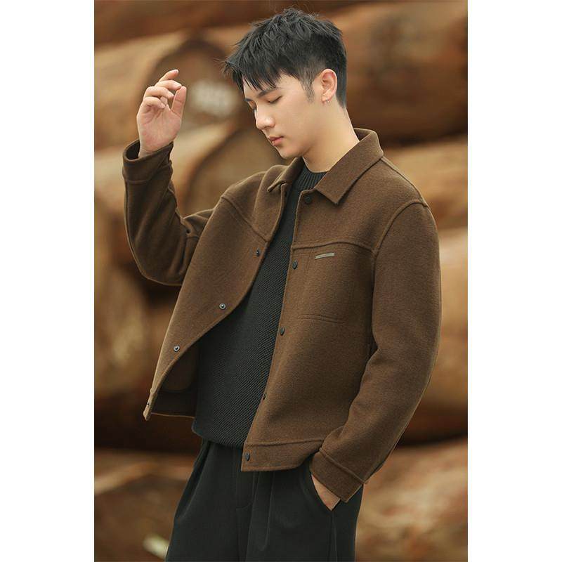 休闲羊毛呢子男士夹克秋冬季高级感大衣短款翻领双面呢男装外套绒
