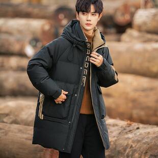 2025冬季中长款羽绒服男款青少年潮牌大字母休闲加厚鸭绒工装外套