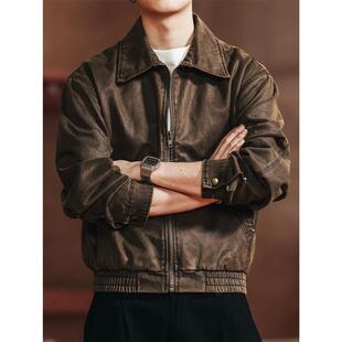 格蓝鹿美式覆古做旧短款夹克男士秋季新款巴安油蜡皮宽松休闲外套
