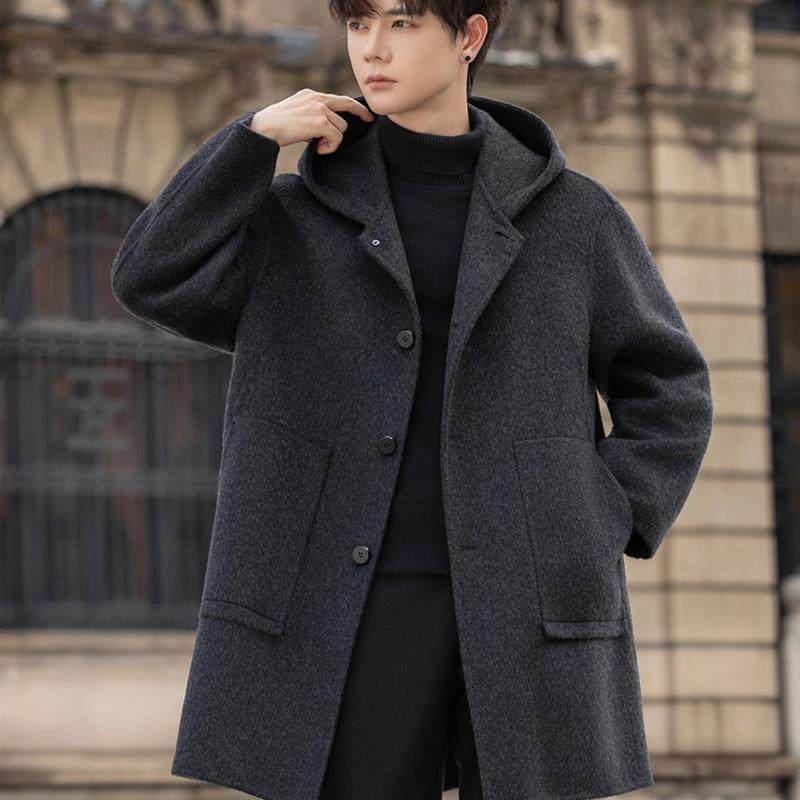连帽双面羊毛呢子大衣男士中长款2025新款高级感冬季加厚风衣外套