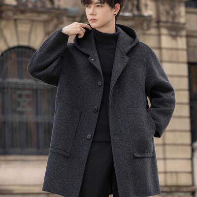 连帽双面羊毛呢子大衣男士中长款2025新款高级感冬季加厚风衣外套