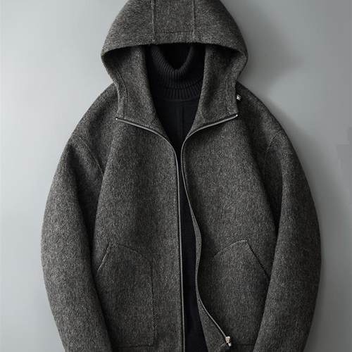 100%羊毛大衣连帽2025新款冬季卫衣款双面呢外套男韩版加厚夹克潮