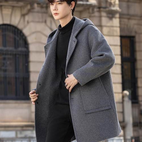 连帽双面羊毛呢子外套男中长款新款秋冬季韩版高级感风衣呢子大衣