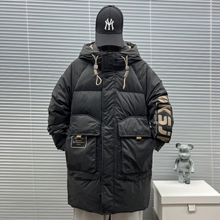 冬季中长款羽绒服男工装休闲连帽防风上衣新款青少年潮流加厚外套