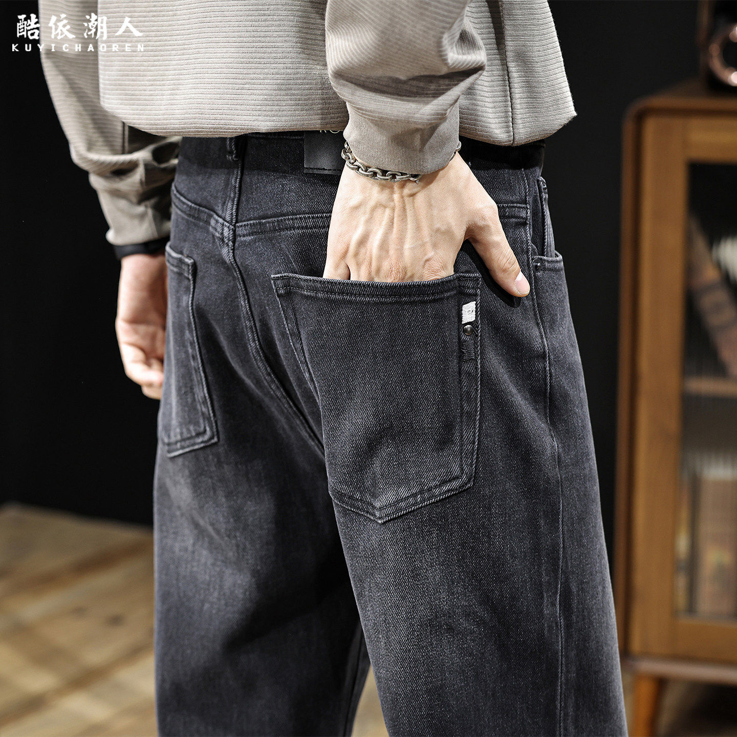 美式潮牌高端黑色牛仔裤男秋季2026新款轻奢舒适弹力直筒休闲长裤