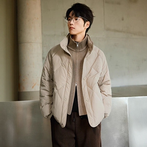 冬季日系 假两件毛线立领拼接 绗缝格阔版短款羽绒服 男