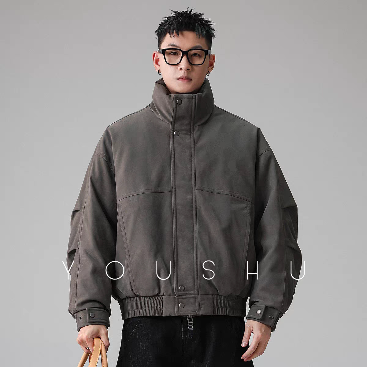 白鸭绒工装风立领羽绒服男2025冬季新款保暖宽松PU皮衣外套