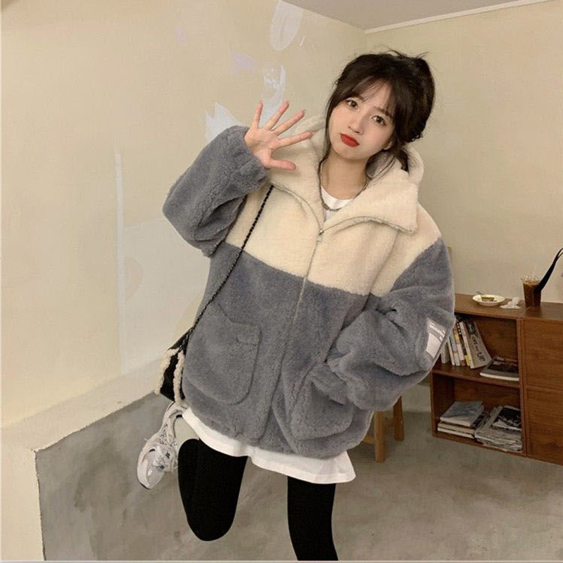 加绒加厚宽松甜美撞色卫衣外套女