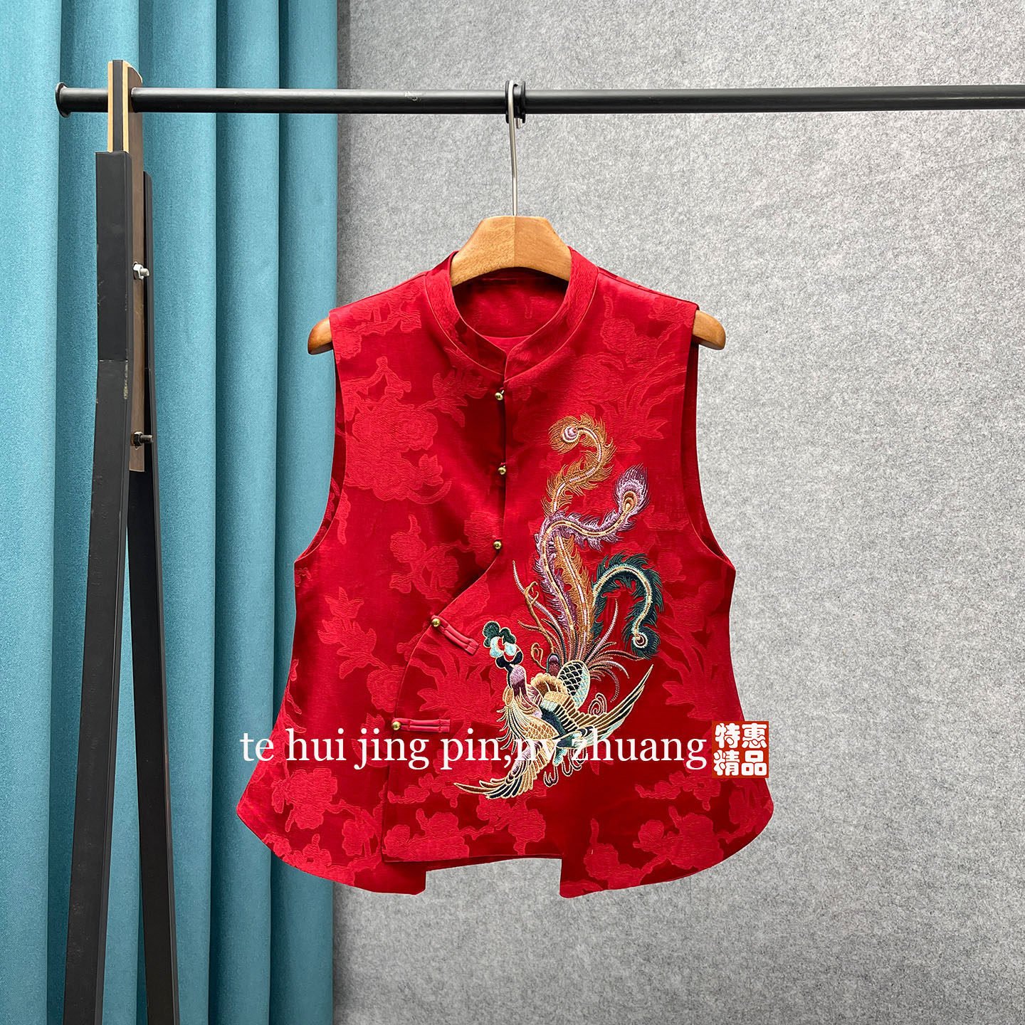 中国风复古立领盘扣马甲女重工刺绣凤鸟纹新中式坎肩修身无袖上衣