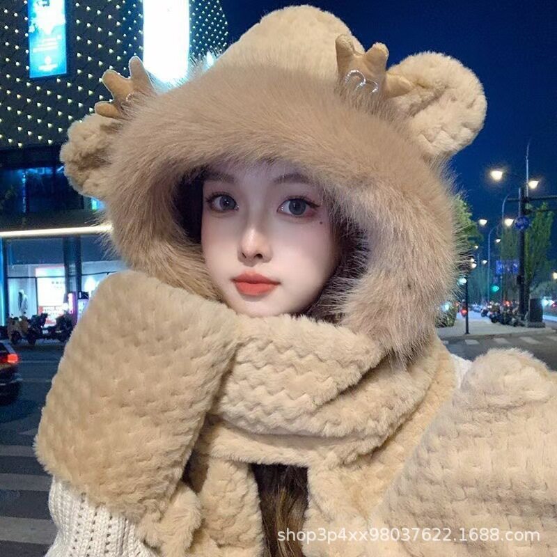 儿童帽子围巾手套三件套四件套冬季加绒加厚男女一体帽防风亲子帽
