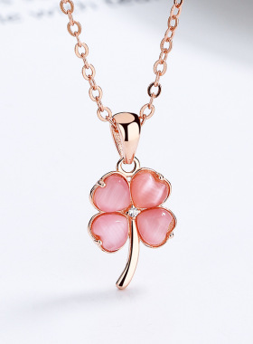 四叶草猫眼石项链女925纯银小众轻奢水晶锁骨链设计感玫瑰金吊坠