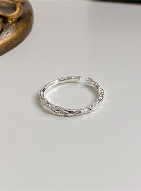 韩版ins极简金银锡箔纸褶皱肌理S925纯银细戒指女戒子