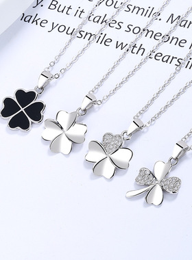 光面长款四叶草项链女简约ins925纯银滴胶黑色吊坠韩版气质锁骨链