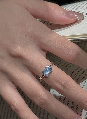 S925纯银韩版小众设计感海蓝宝简约基础款戒指韩式风时髦指环