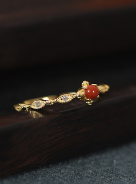 925银南红玛瑙戒指圆形满色满肉柿子镶锆简约原创设计东南亚指环