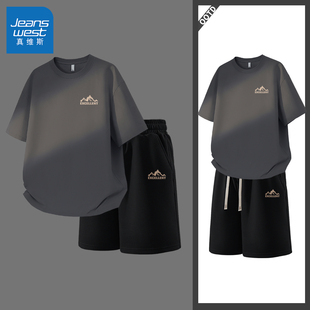 短裤 真维斯男士 t恤男宽松透气休闲男款 重磅纯棉短袖 青少年y 套装
