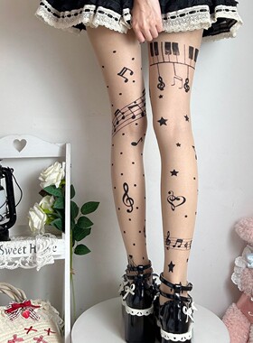 2025甜美音符丝袜连裤袜女薄款黑色音符个性丝袜