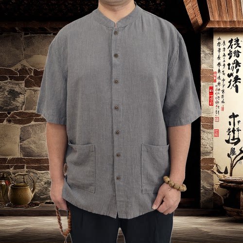 民族风中式纯亚麻短袖衬衫男夏季薄款宽松大码透气上衣唐装衬衣新