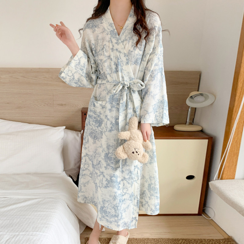 睡袍女款春秋中长款甜美风晨袍睡衣高级感甜美系带国风碎花浴袍图片