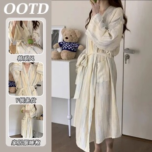 春秋季 宽松休闲气质浴袍睡衣夏天家居服 日系慵懒风条纹睡袍女长袖